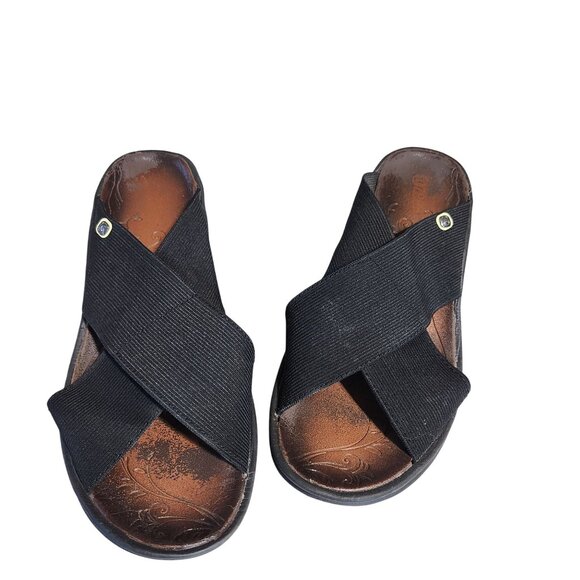 Bzees Black Criss-Cross Slide Sandals With Wedge Heel & Textured Sole - Picture 1 of 9